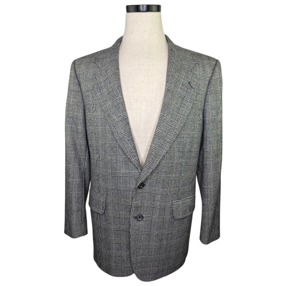 Vintage 80s/90s Oscar de la Renta Glen Plaid Blazer 40R Gray Tailored